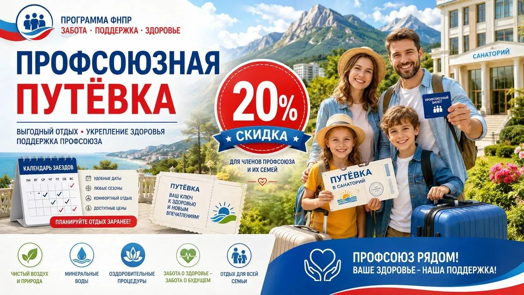 📣 Программа ФНПР «Профсоюзная путёвка»: отдых и оздоровление со скидкой для членов профсоюза

Федер