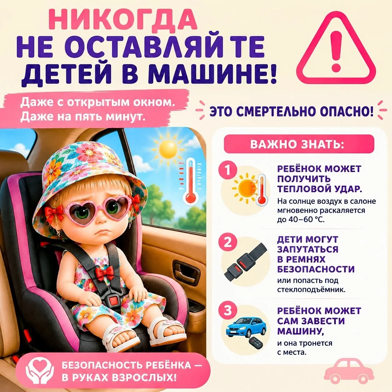 ☀️🚗 Всего 5 минут в закрытом автомобиле могут стоить ребёнку жизни.

Даже при открытом окне салон б