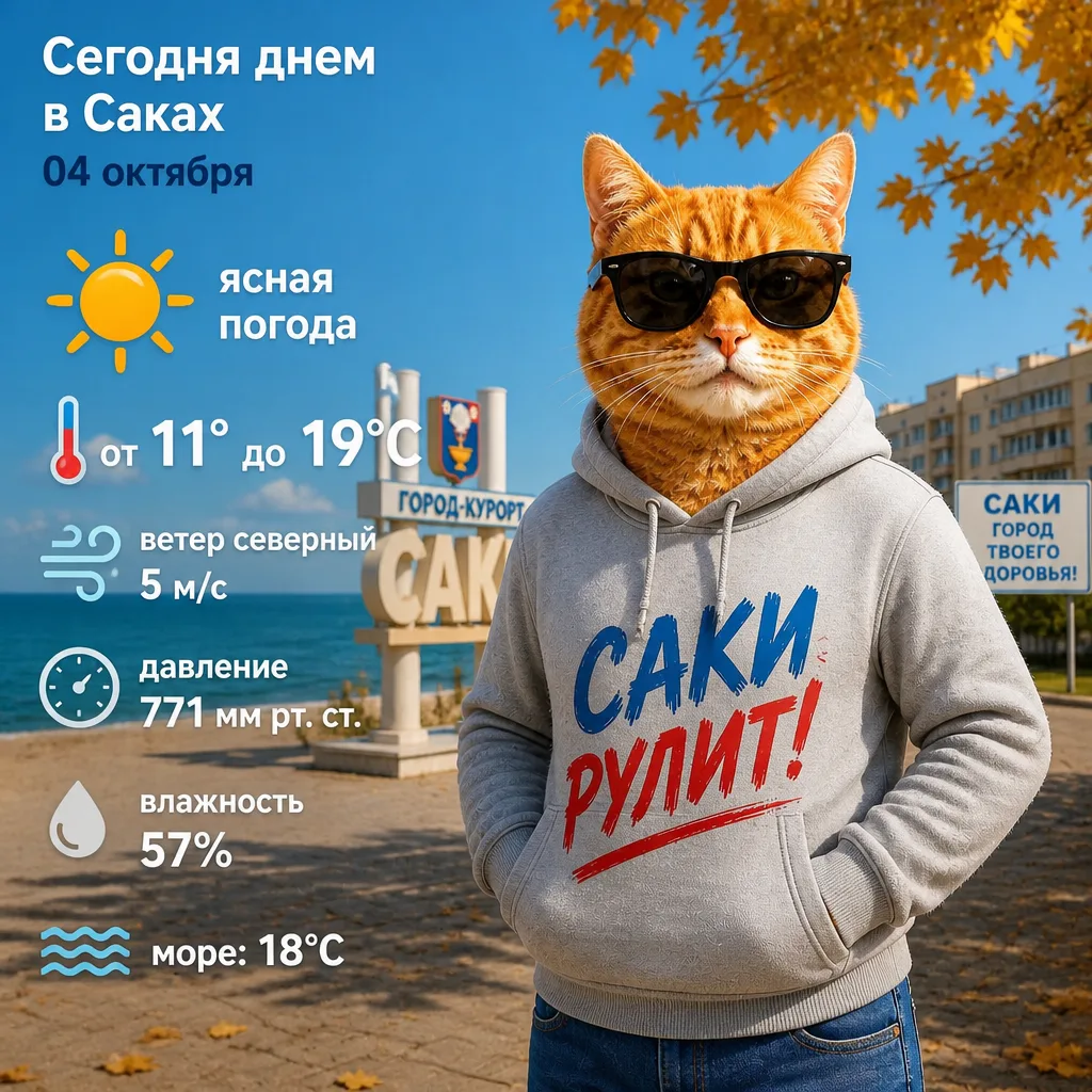 🌤 Сегодня, 04 октября, в Саках ожидается ясная и комфортная погода!