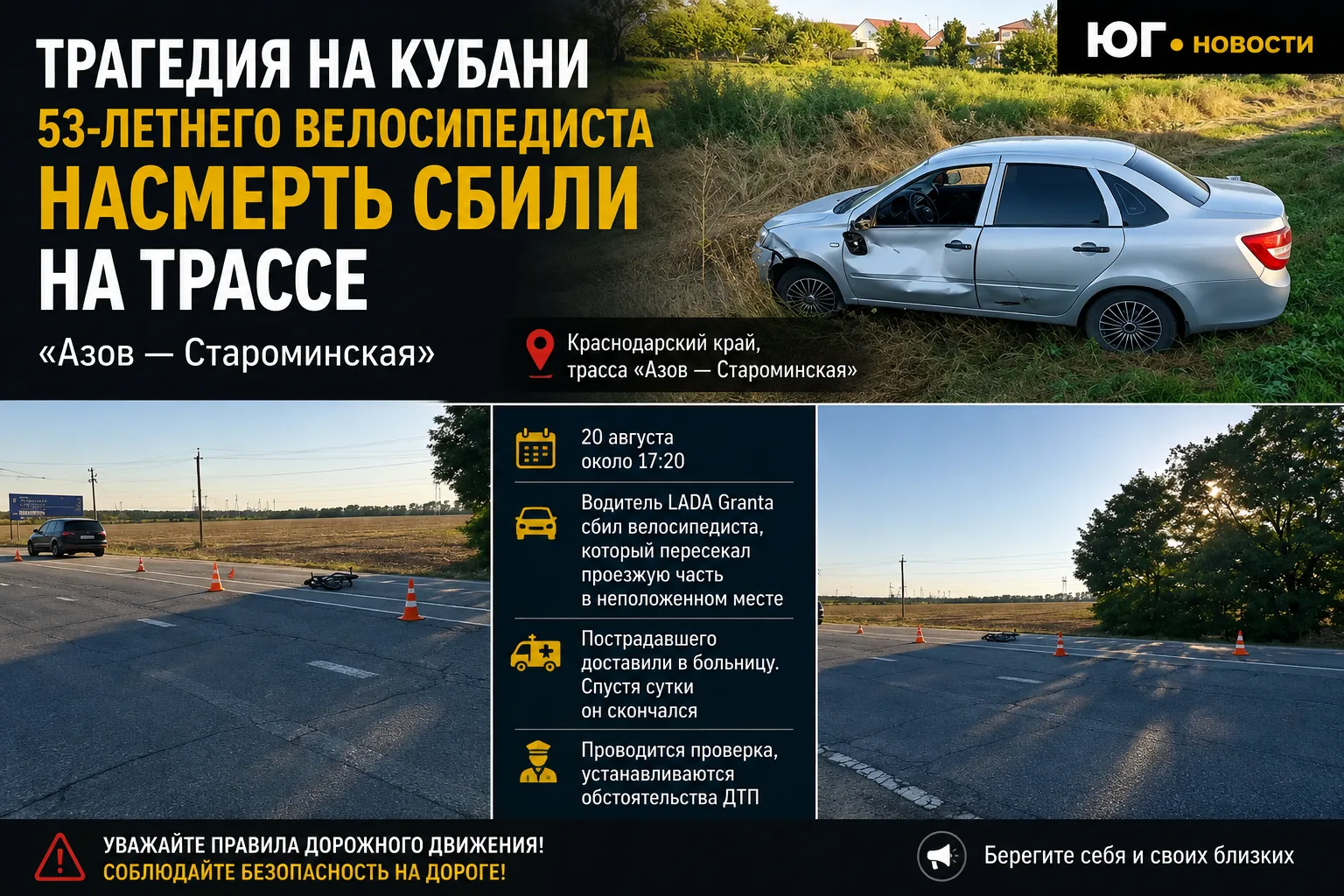 🚨 53-летний велосипедист погиб после ДТП на Кубани