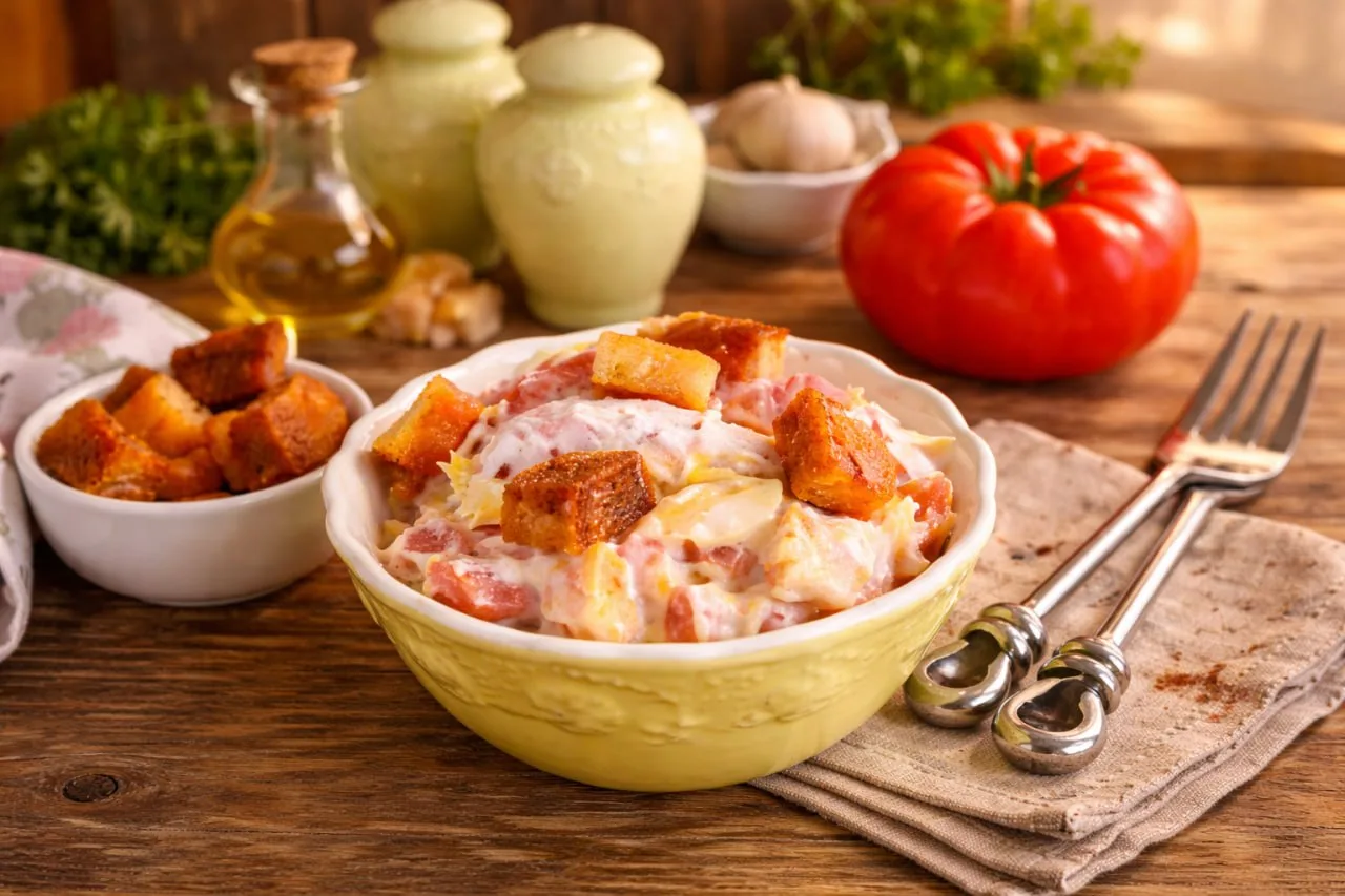 САЛАТ С ПОМИДОРАМИ, СЫРОМ И СУХАРИКАМИ