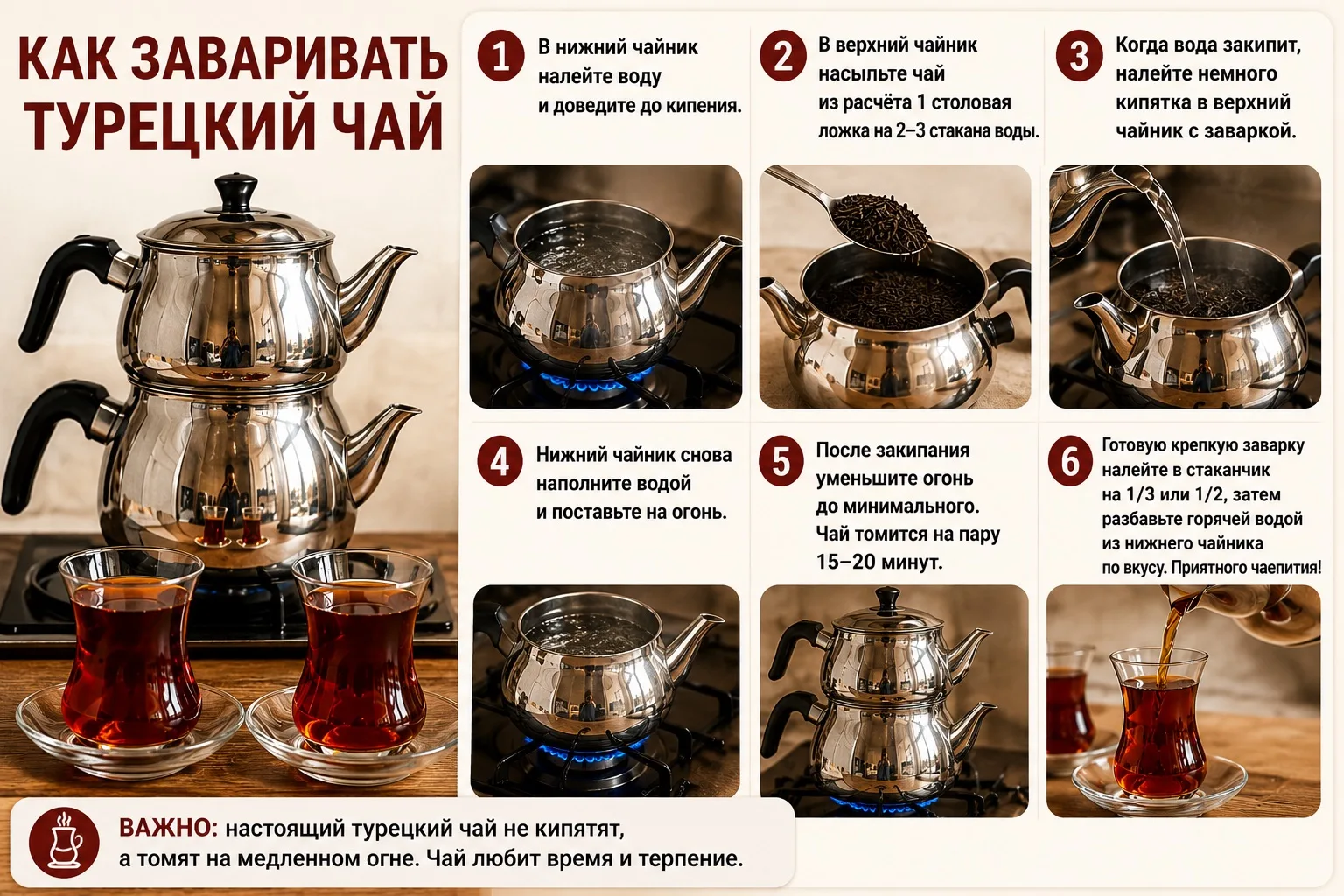 Турецкий чай заваривают не в одном чайнике, а в специальном двойном чайнике - чайданлыке.

Сначала в