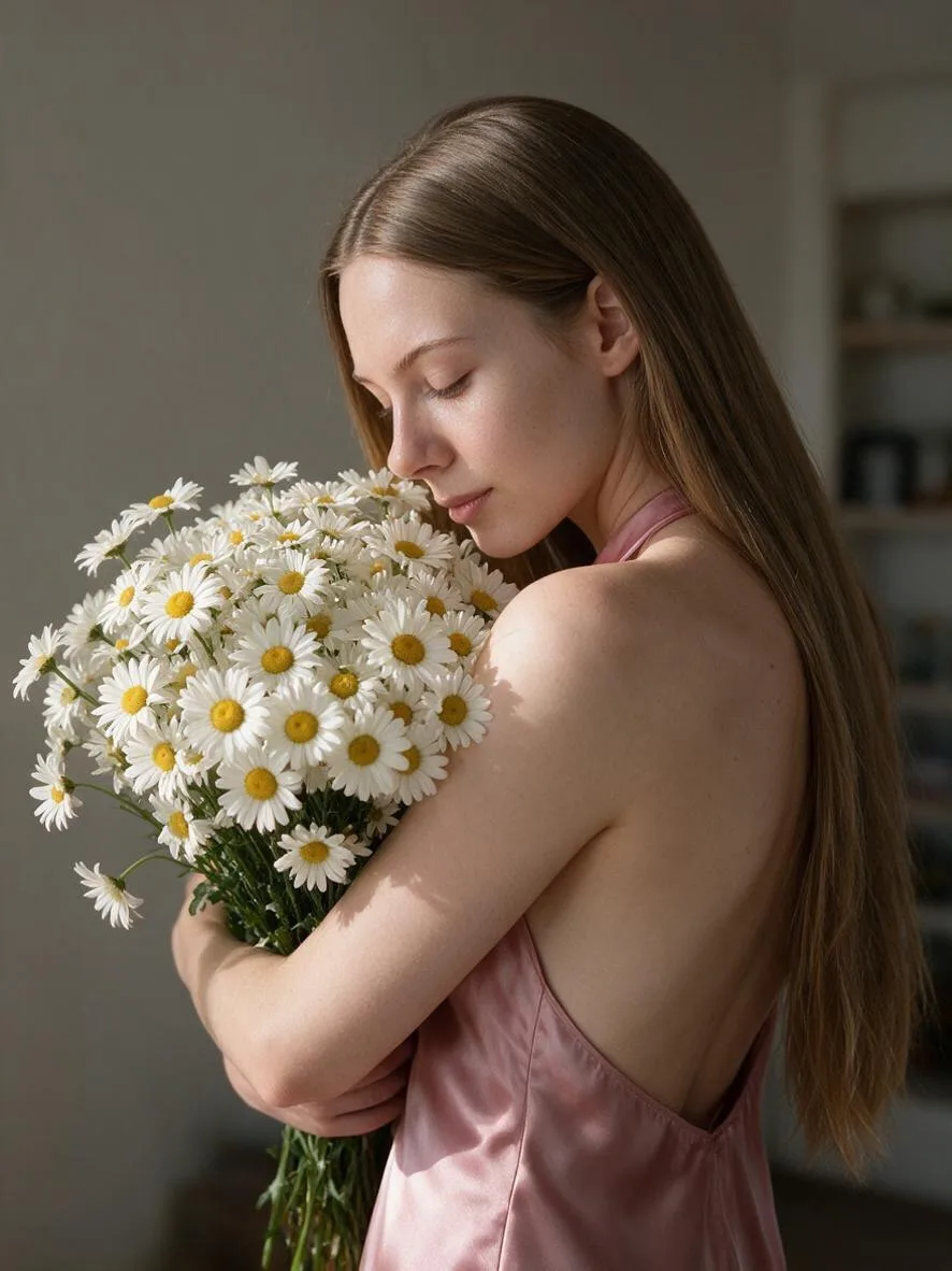 Фото с букетом ромашек 🌸
Шелк, ромашки и мягкие бежевые тона. Нежный кадр в профиль, пропитанный св