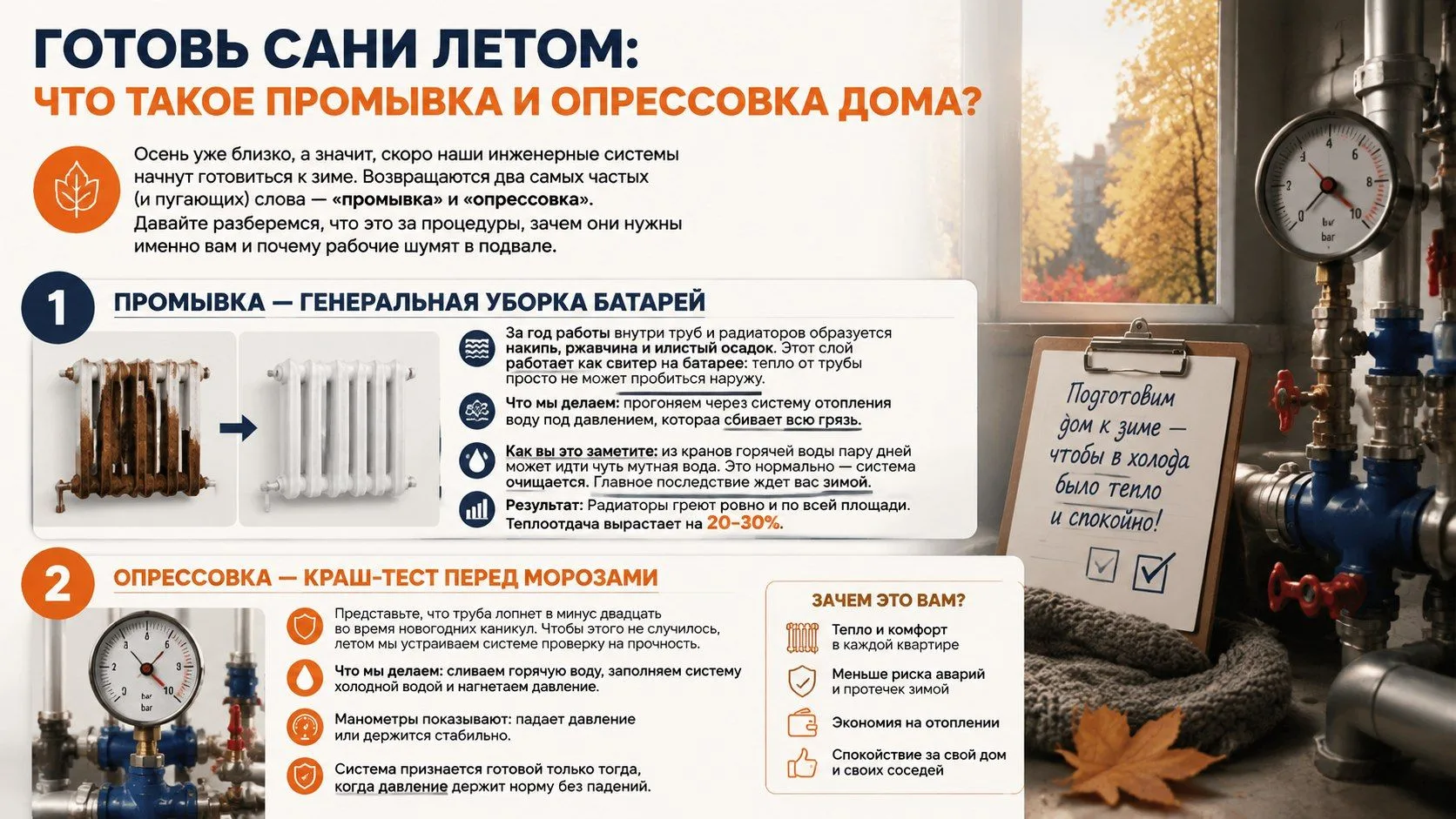 🧊 Готовь сани летом: что такое промывка и опрессовка дома?