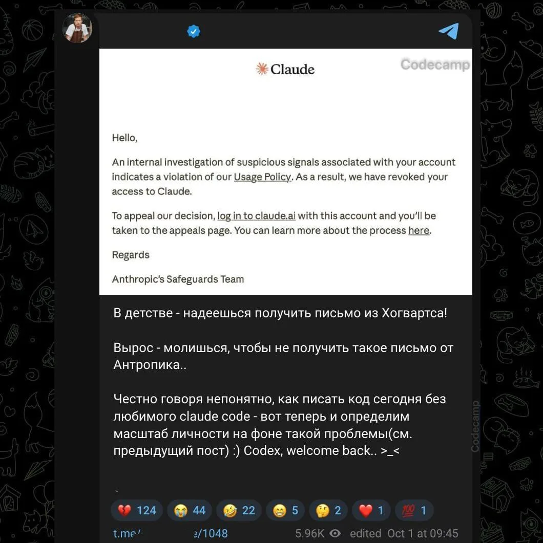 Жесть, Claude опять МАССОВО банит российских кодеров — под раздачу попали уже десятки п...