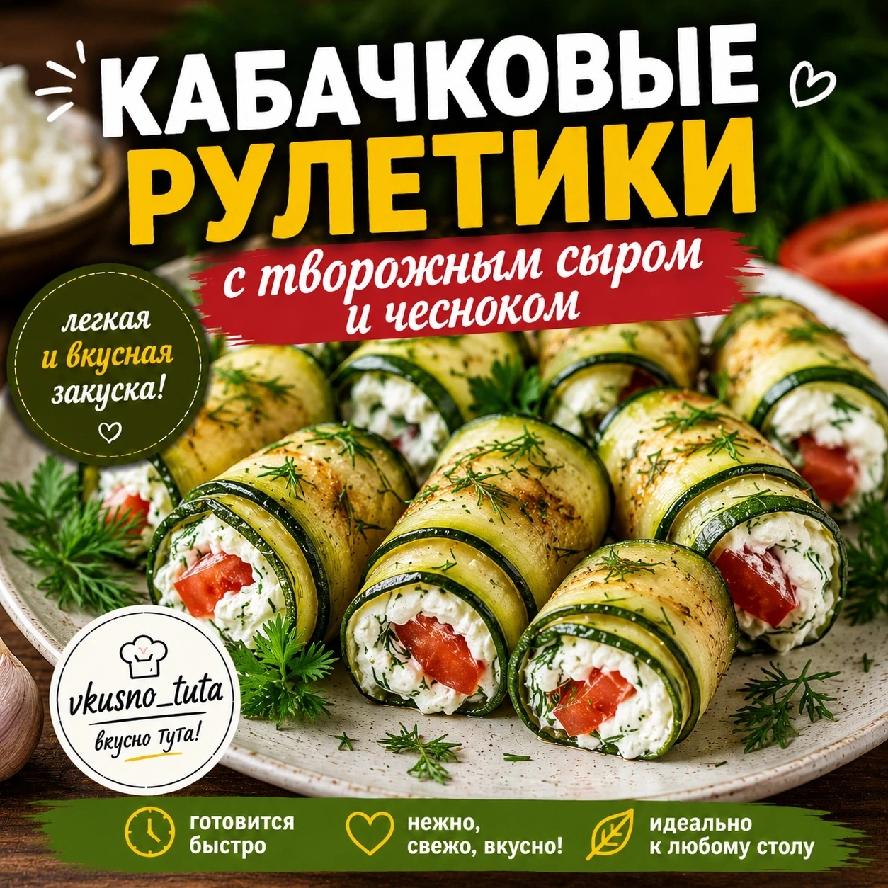 # 🥒 Кабачковые рулетики с творожным сыром и чесноком

**Ингредиенты:**

* кабачки — 2 шт.
* творожн