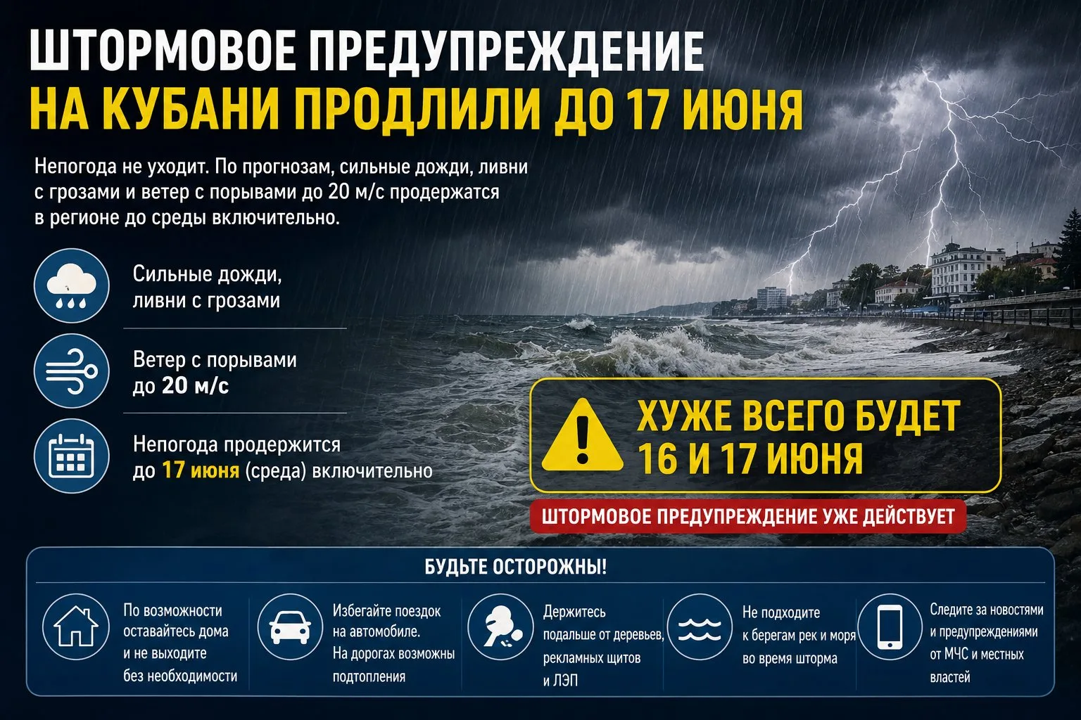 Штормовое предупреждение на Кубани продлили до 17 июня

Непогода не уходит. По прогнозам, сильные до