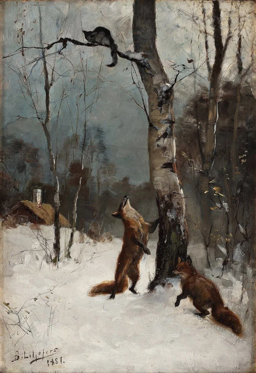 «Лисы и кошка, зимний пейзаж», 1881
— Бруно Лильефорс (1860–1939)

Швед, который рисовал зверей так,