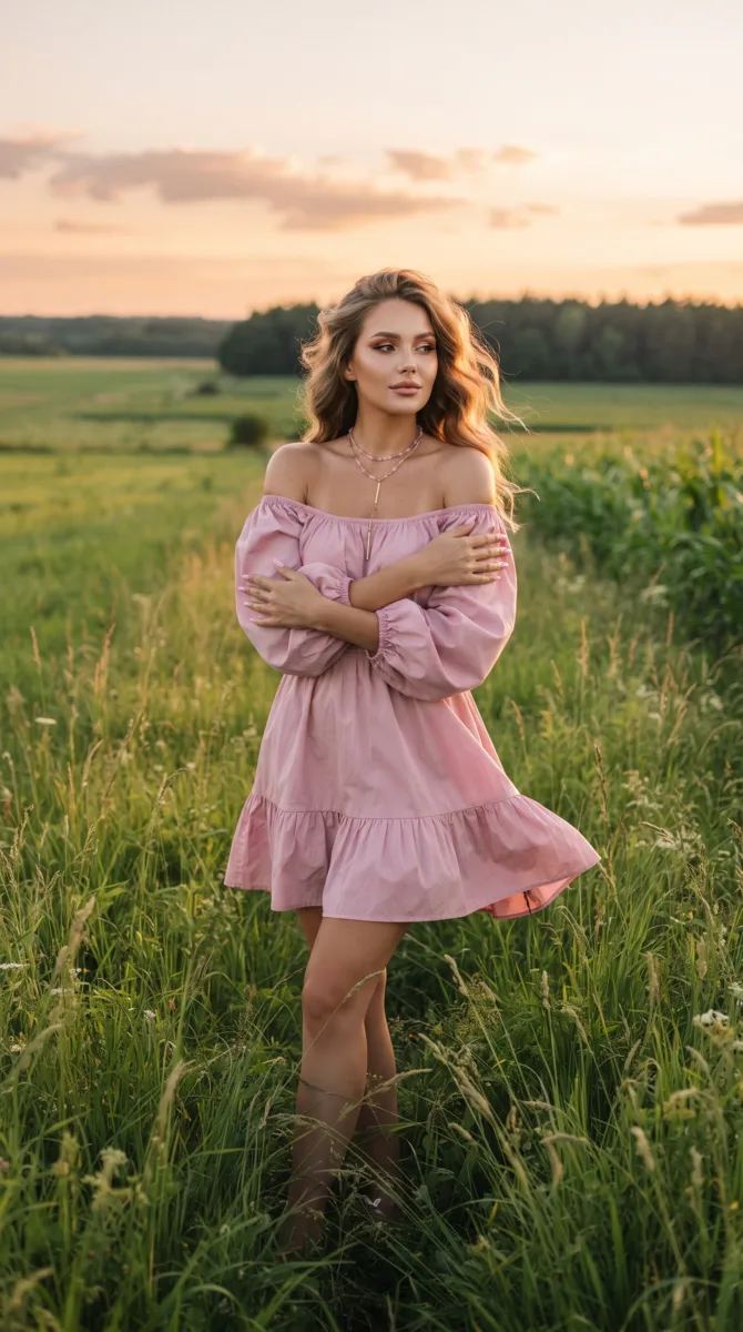 Фотография женщины, стоящей в высокой луговой траве на фоне бескрайнего зеленого поля н...