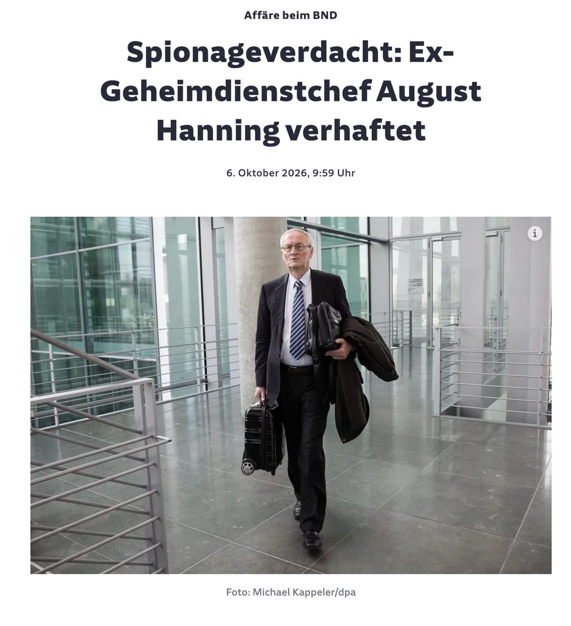 ‼️🇩🇪 Бывший глава немецкой разведки BND Август Ханнинг задержан по подозрению в госиз...
