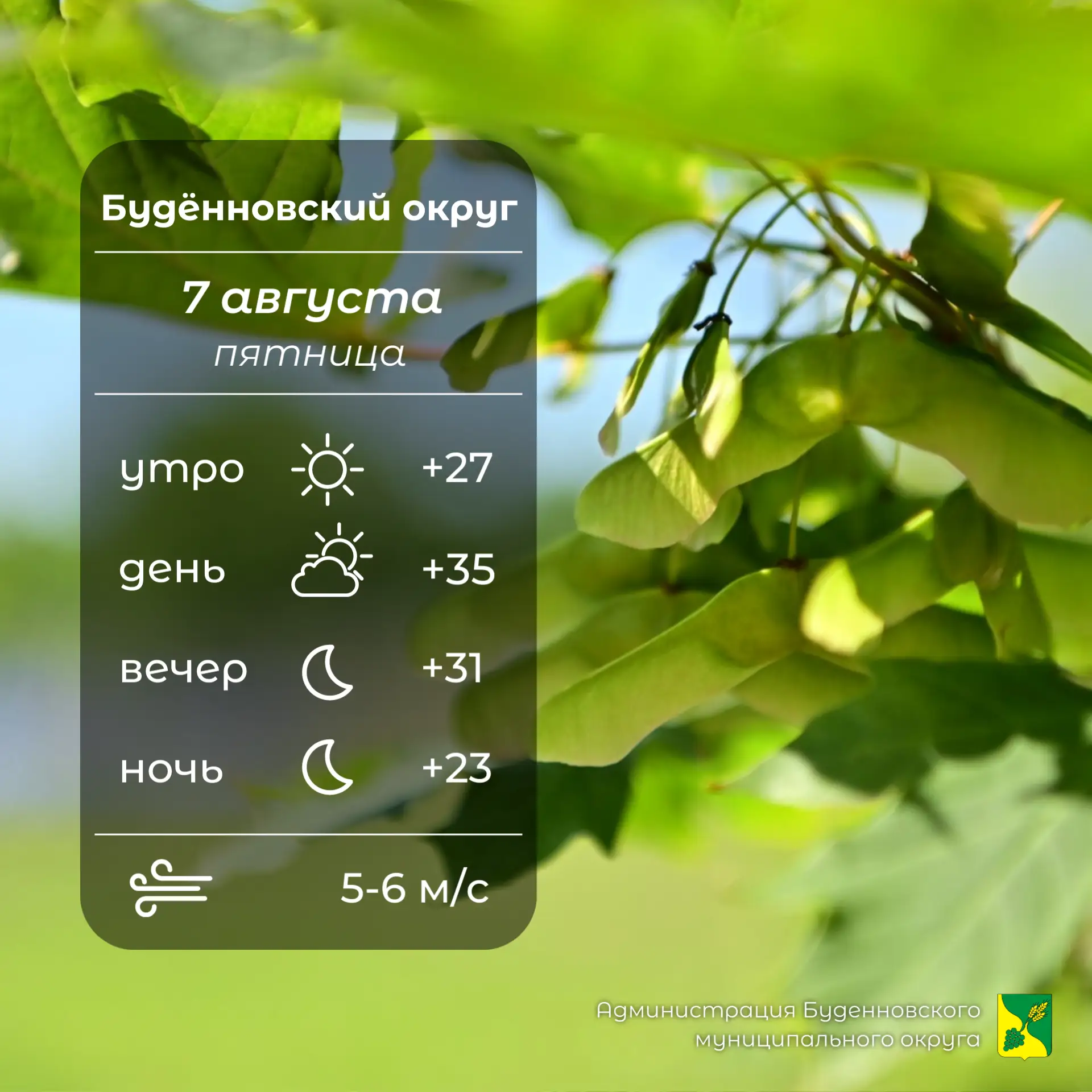 ☀️Сегодня в Буденновском округе малооблачно, без осадков. Температура воздуха +23…⁠+35°. Ветер 5-6 м