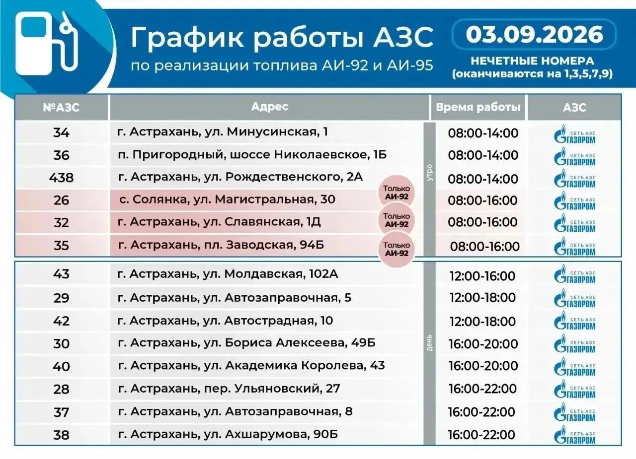 График работы АЗС на 3 сентября.