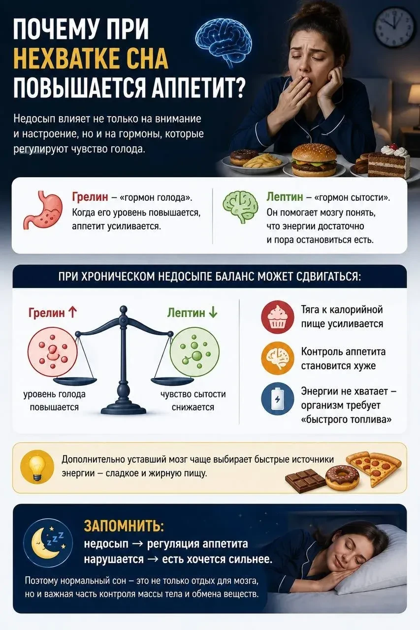 🧠 Почему при нехватке сна повышается аппетит?