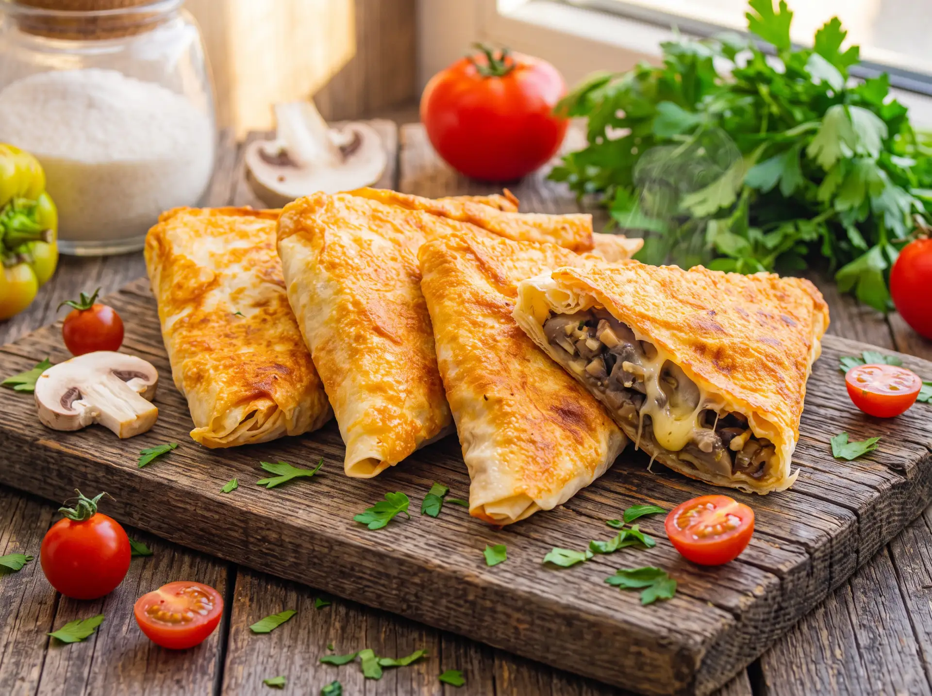 Конвертики из лаваша с грибами

🍴 Ингредиенты:  
- Армянский лаваш — 2 листа;  
- Шампиньоны — 8 шт