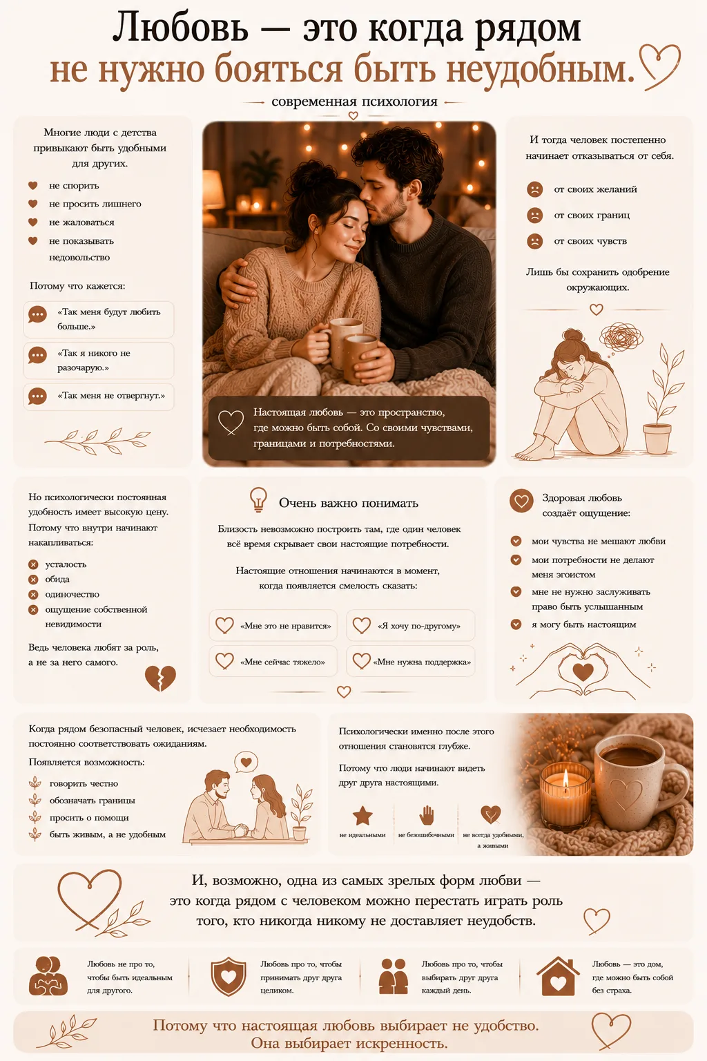 ✨ «Любовь — это когда рядом не нужно бояться быть неудобным.»
— современная психология
Многие люди с