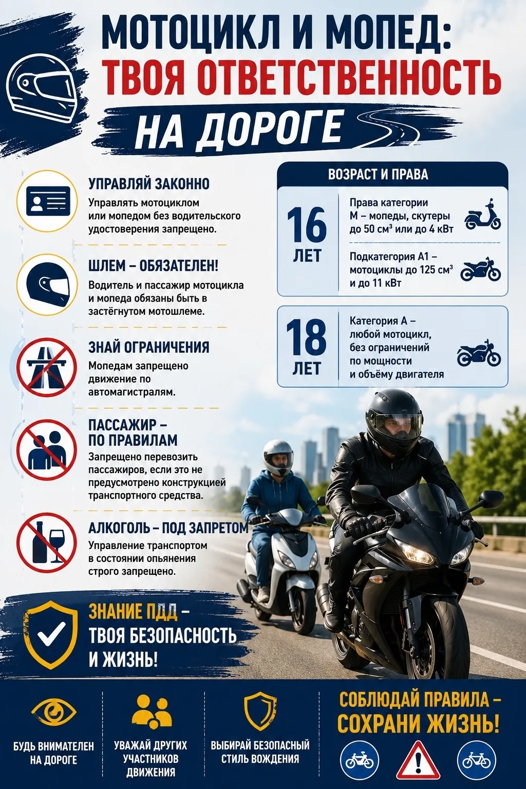 🏍️ Сел за руль - соблюдай правила!

Перед тем как сесть за руль мопеда или мотоцикла, важно знать п