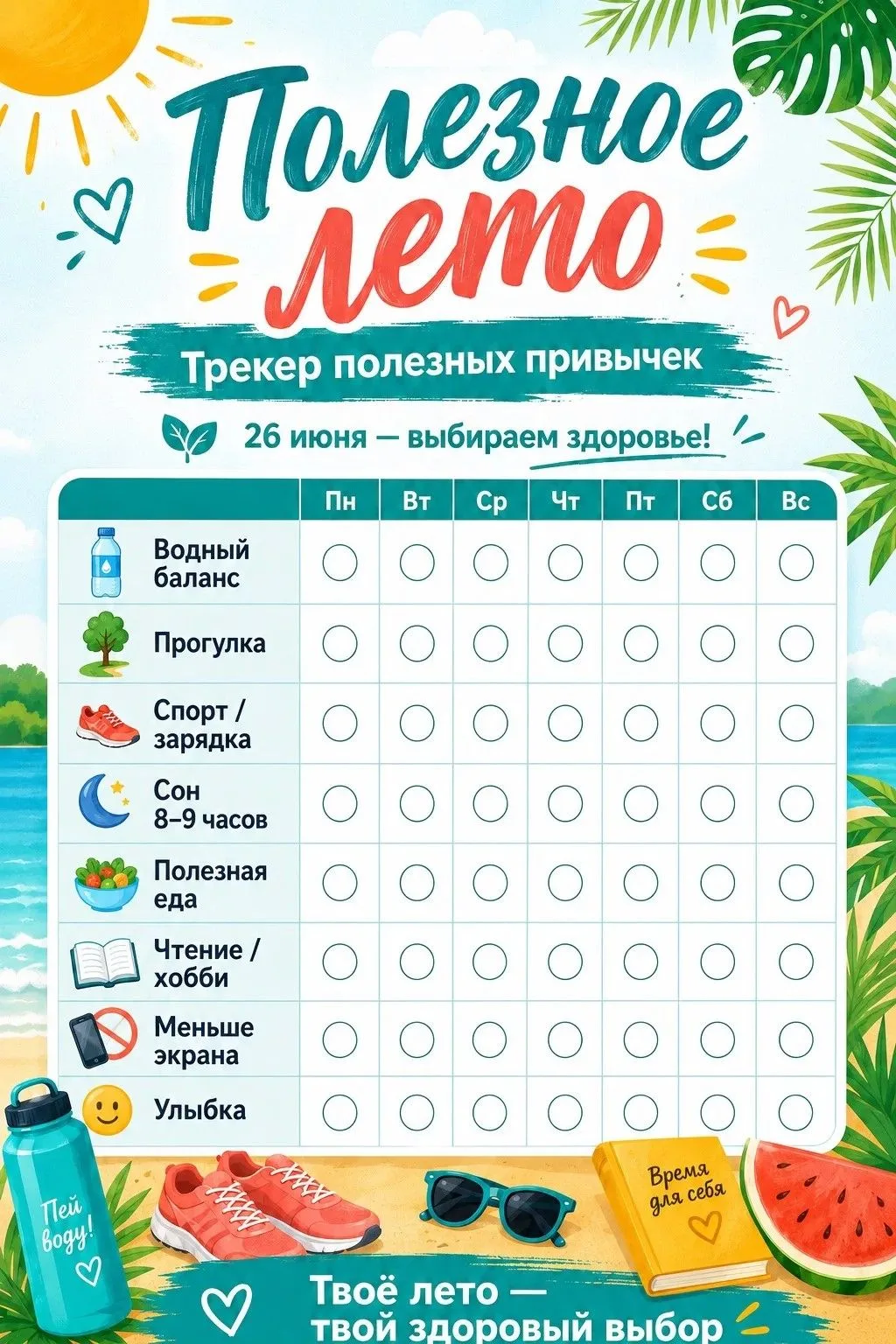 ☀️🌿 Полезное лето начинается с хороших привычек! 🌿☀️

Мы напоминаем о самом важном: здоровье, акти