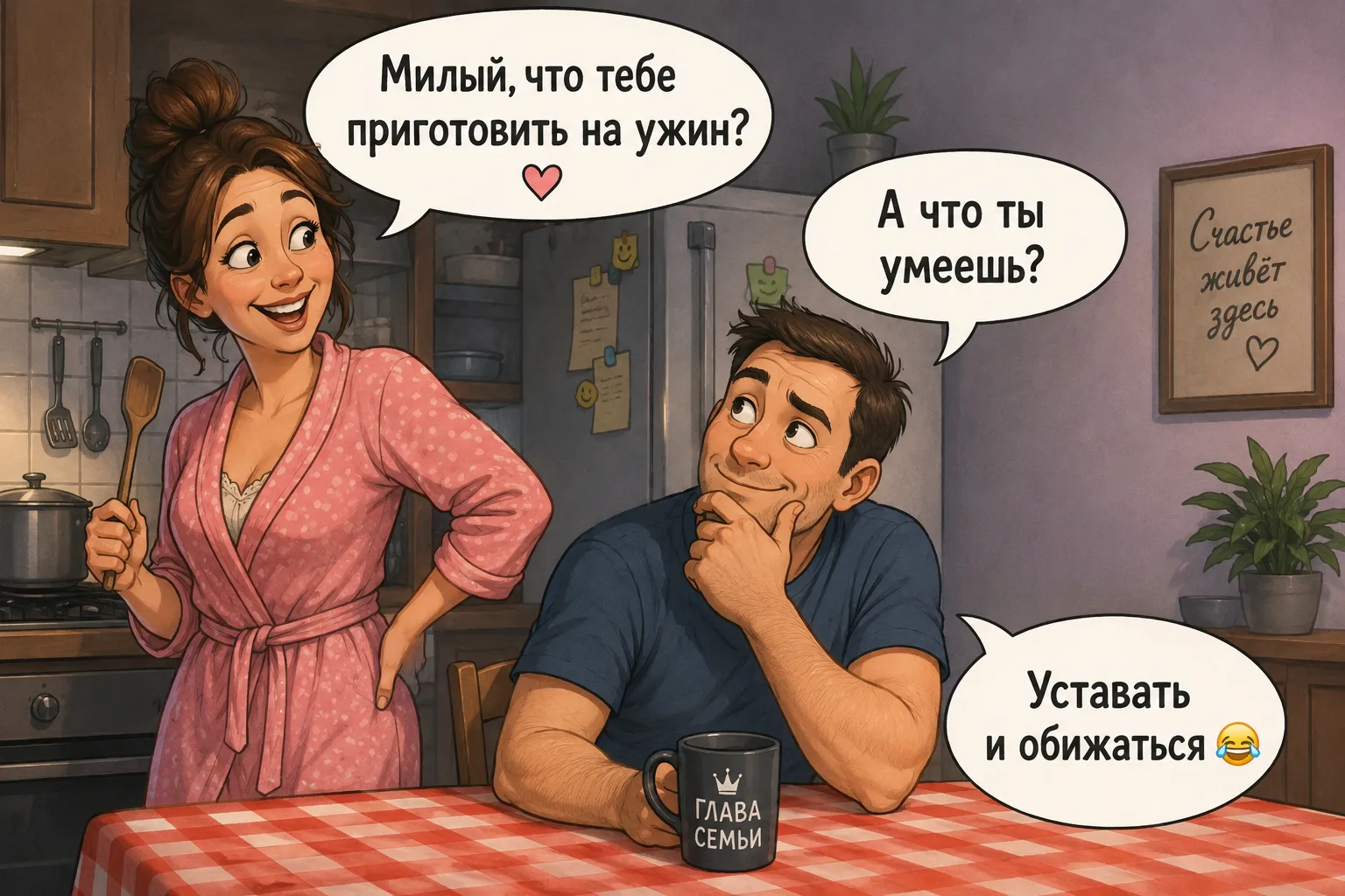 Жена спрашивает мужа:
— Милый, что тебе приготовить на ужин? 😊
Муж:
— А что ты умеешь?
Жена:
— Уста