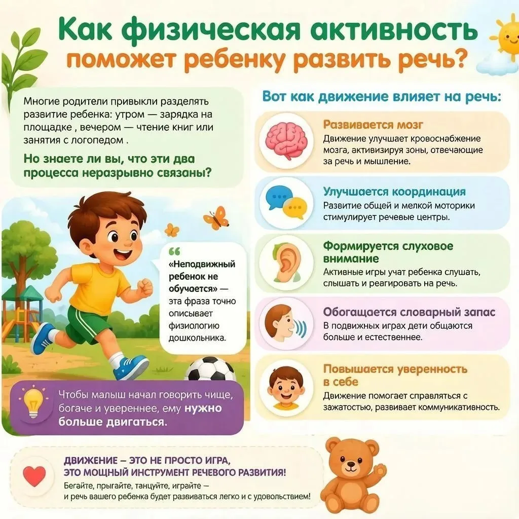 ✅ Часто кажется, что физкультура и развитие речи существуют отдельно друг от друга: зарядка на улице