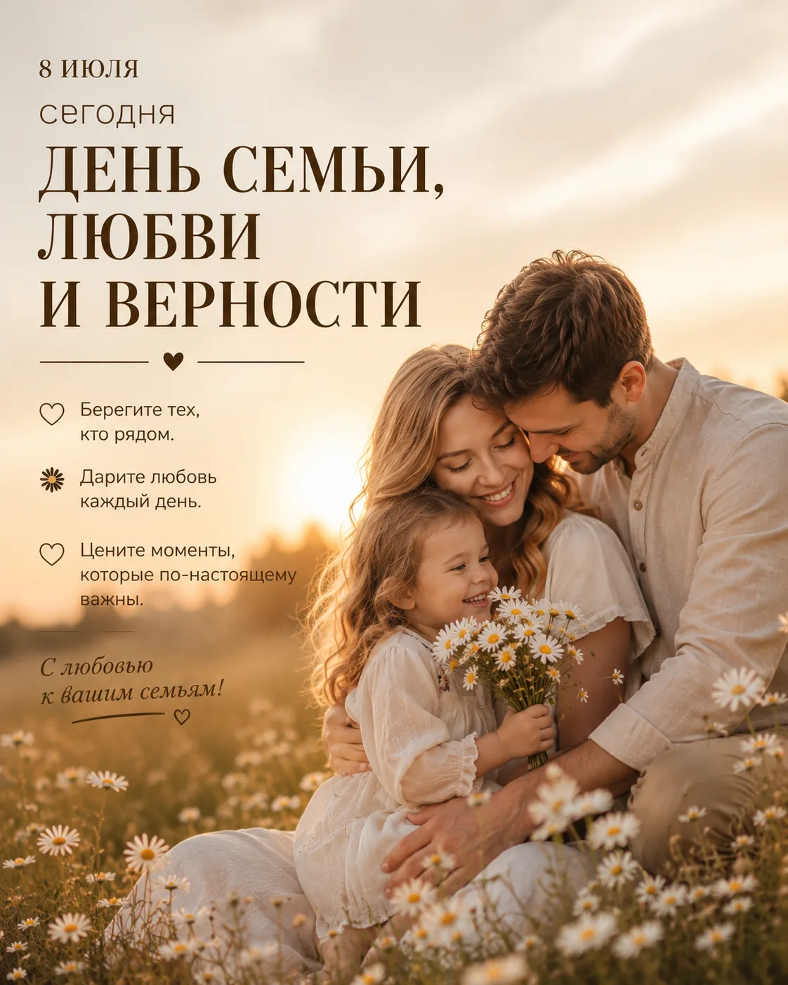 ❤️🌼 Сегодня — День семьи, любви и верности

Самое ценное в этот день — ВНИМАНИЕ 👨‍👩‍👧

Позвонить