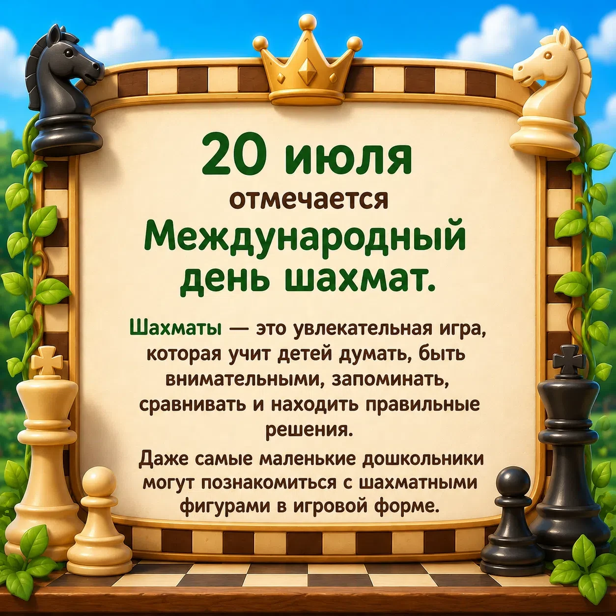 ♟️ Международный день шахмат! ♟️

Сегодня, 20 июля, отмечается Международный день шахмат! 🎉

Эта др