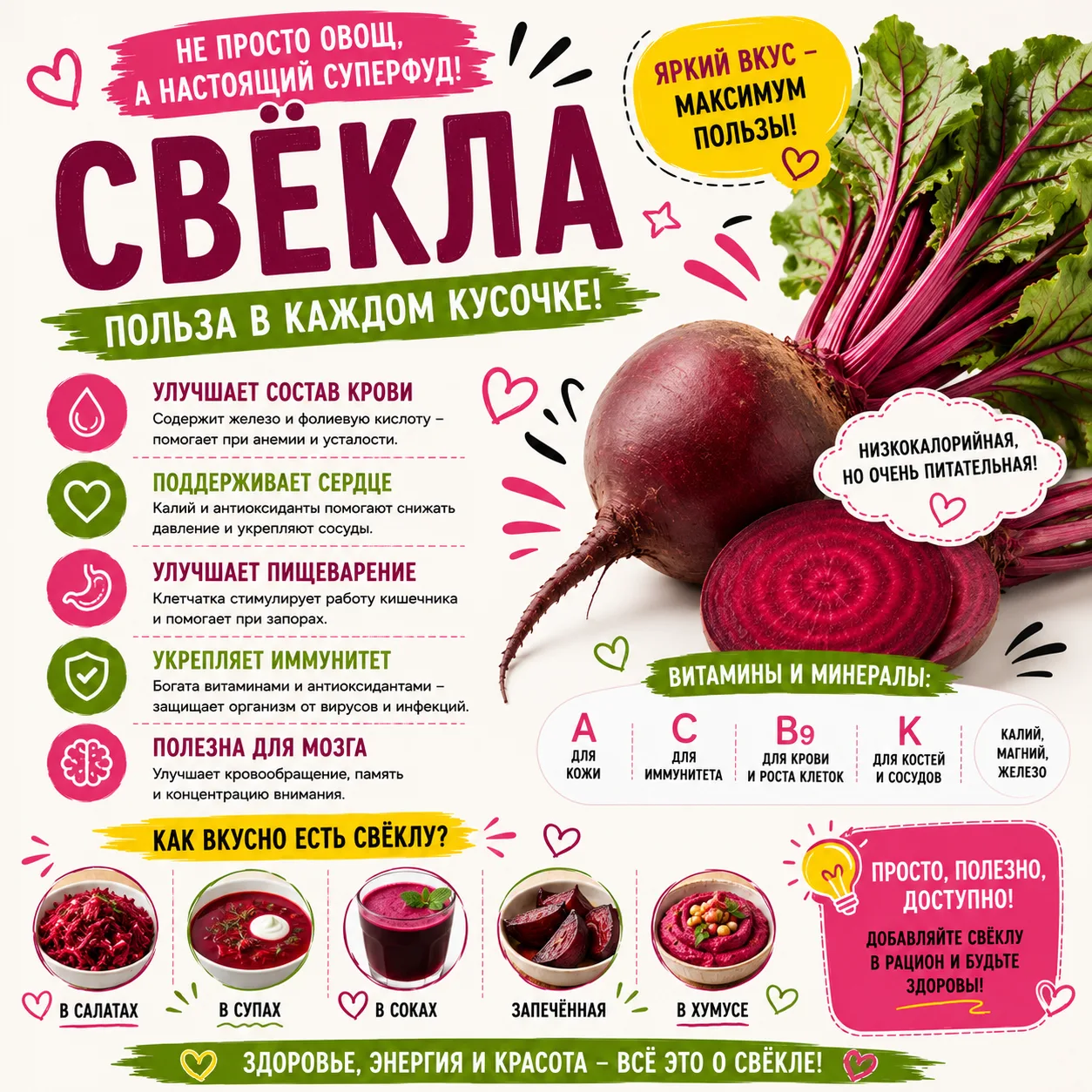 Свекла способствует уменьшению аппетита и контролю веса.

Свекла является диетическим продуктом, бог