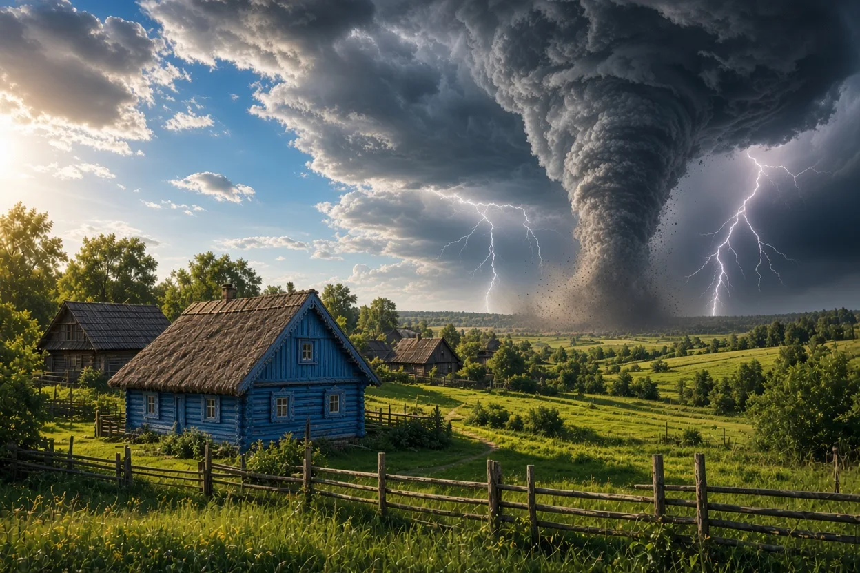 Торнадо в русской деревне: слева солнце, справа гроза 🌪️☀️