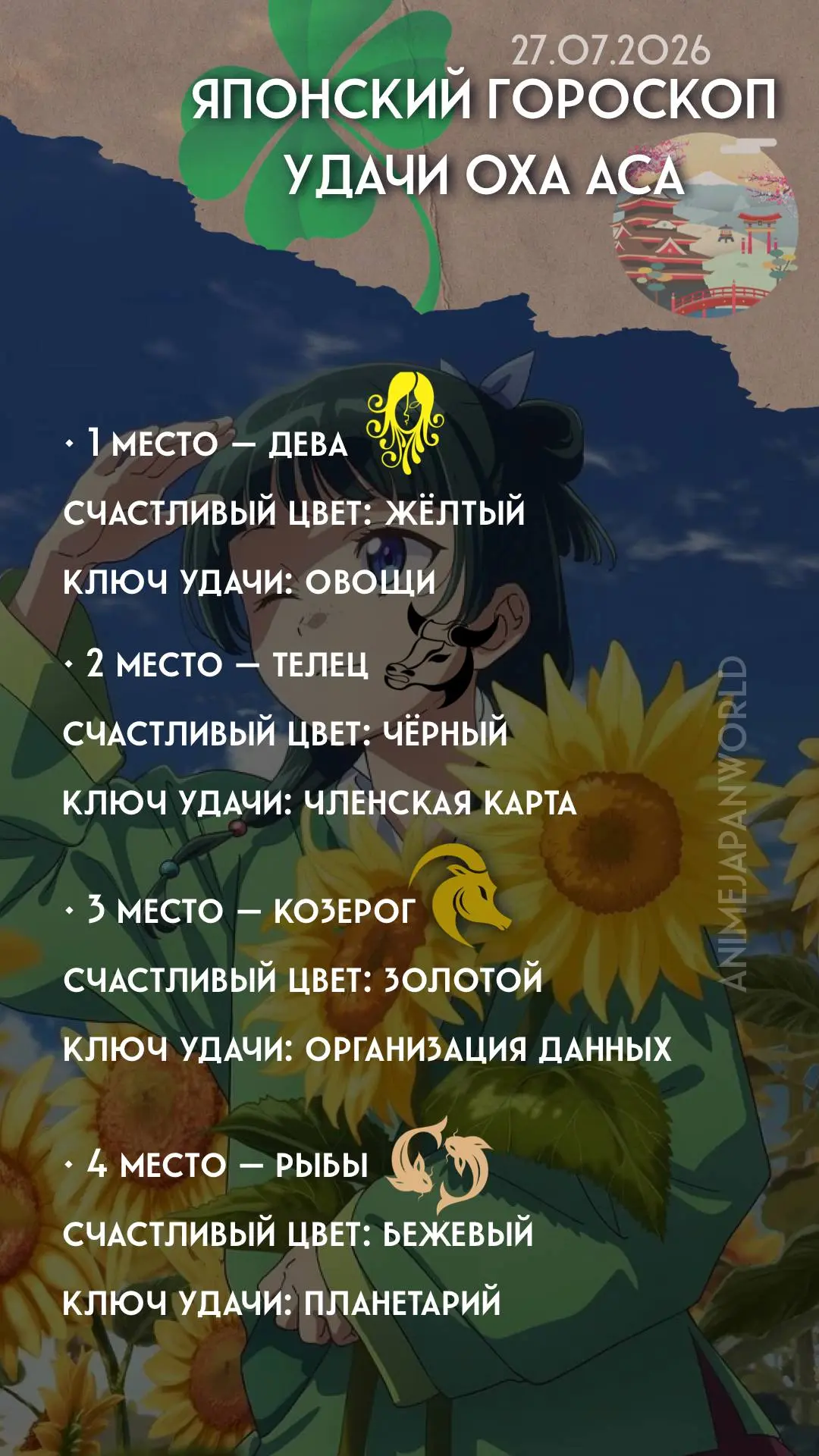 • Японский гороскоп удачи  на сегодня (27.07.2026) 🇯🇵 Всем хорошего дня!
С Днём прогулки с домашни