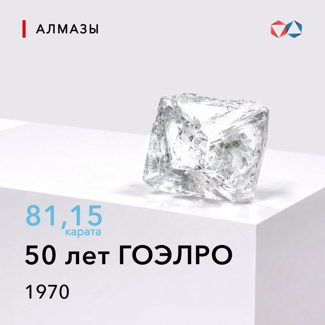 56 лет назад был найден алмаз «50 лет ГОЭЛРО» весом 81,15 карата 💎

🔹 4 августа 1970 года был извл