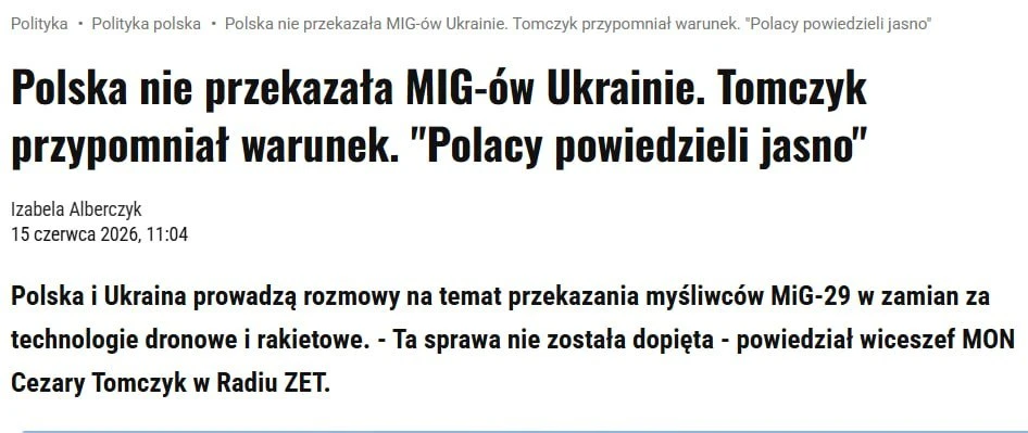 Польша не передаст Украине истребители МиГ-29, пока Киев не поделится технологиями БПЛА, заявил замм