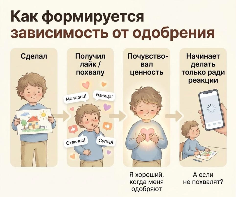 Наглядная цепочка: 
Как формируется зависимость от одобрения

Что помогает вместо этого: простая фра