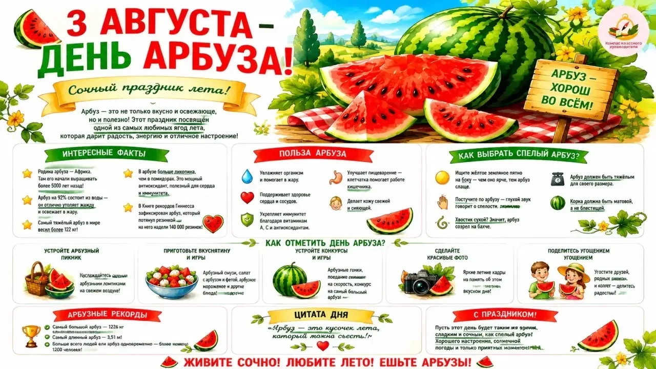 🍉 3 августа — Всемирный день арбуза!

Знаете ли вы, что у этой полосатой ягоды (да-да, арбуз — это 