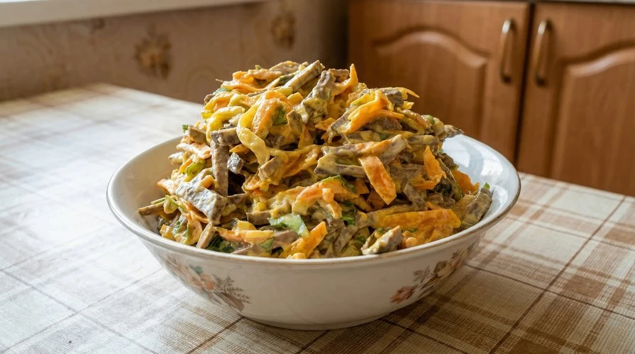 Салат с говяжьей печенью и овощами — Сытный, полезный салат с нежной печенью, яйцами и хрустящими ов