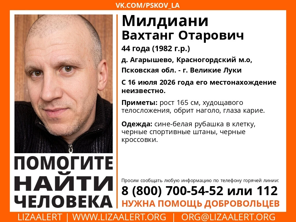 ‼ 44-летний Вахтанг Милдиани пропал по дороге из деревни Агарышево Красногородского района в Великие