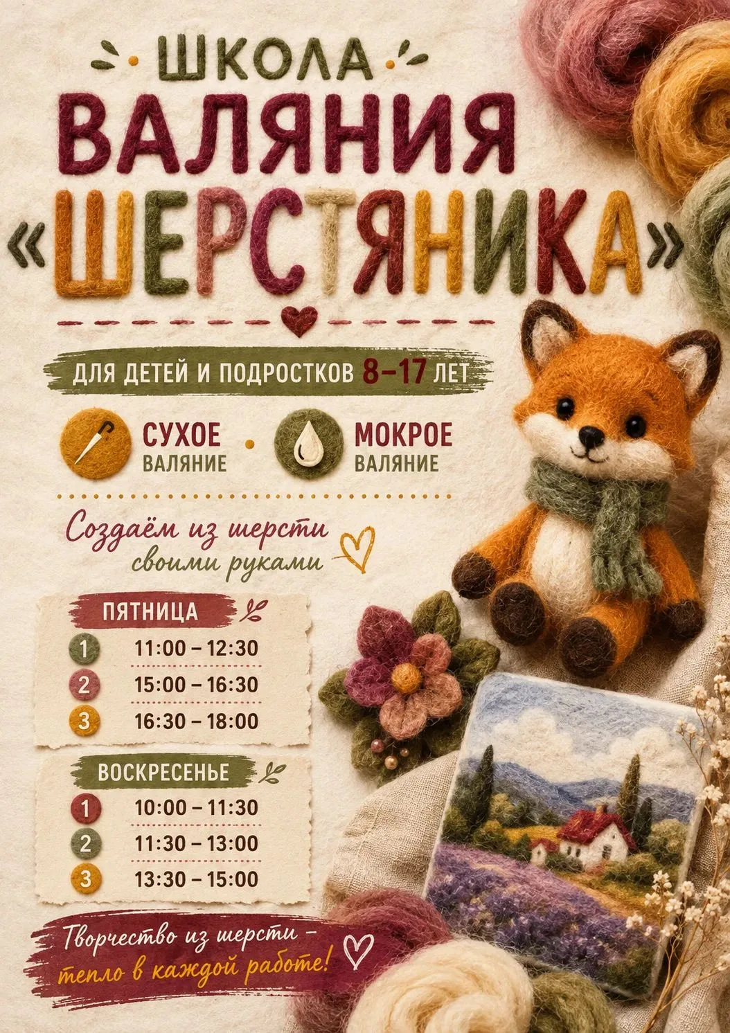 ✨ Приглашаем в Школу валяния «Шерстяника»! (для детей 8–17 лет)