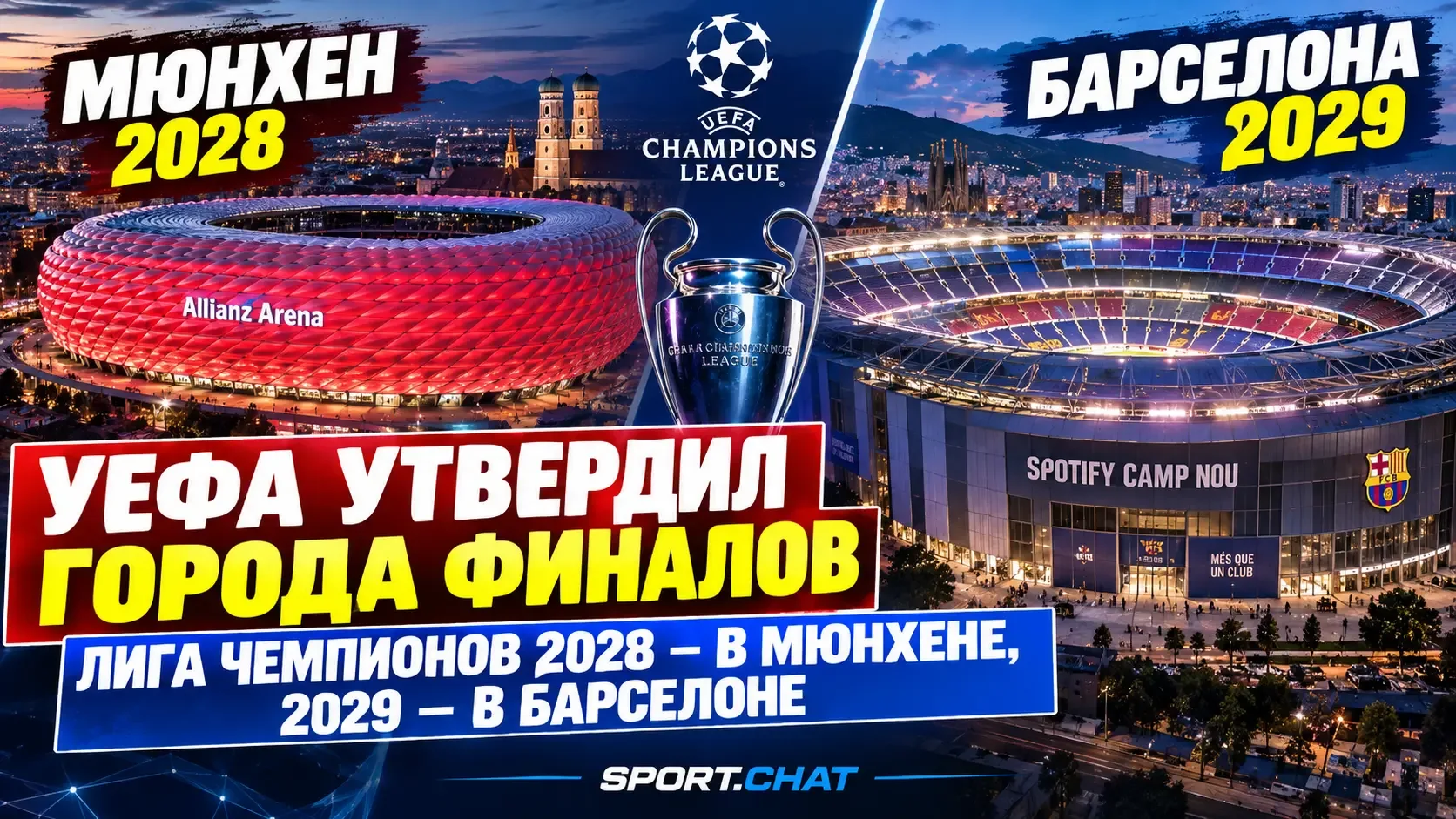 УЕФА подтвердил: финалы Лиги чемпионов 2028 и 2029 годов пройдут в Мюнхене и Барселоне
