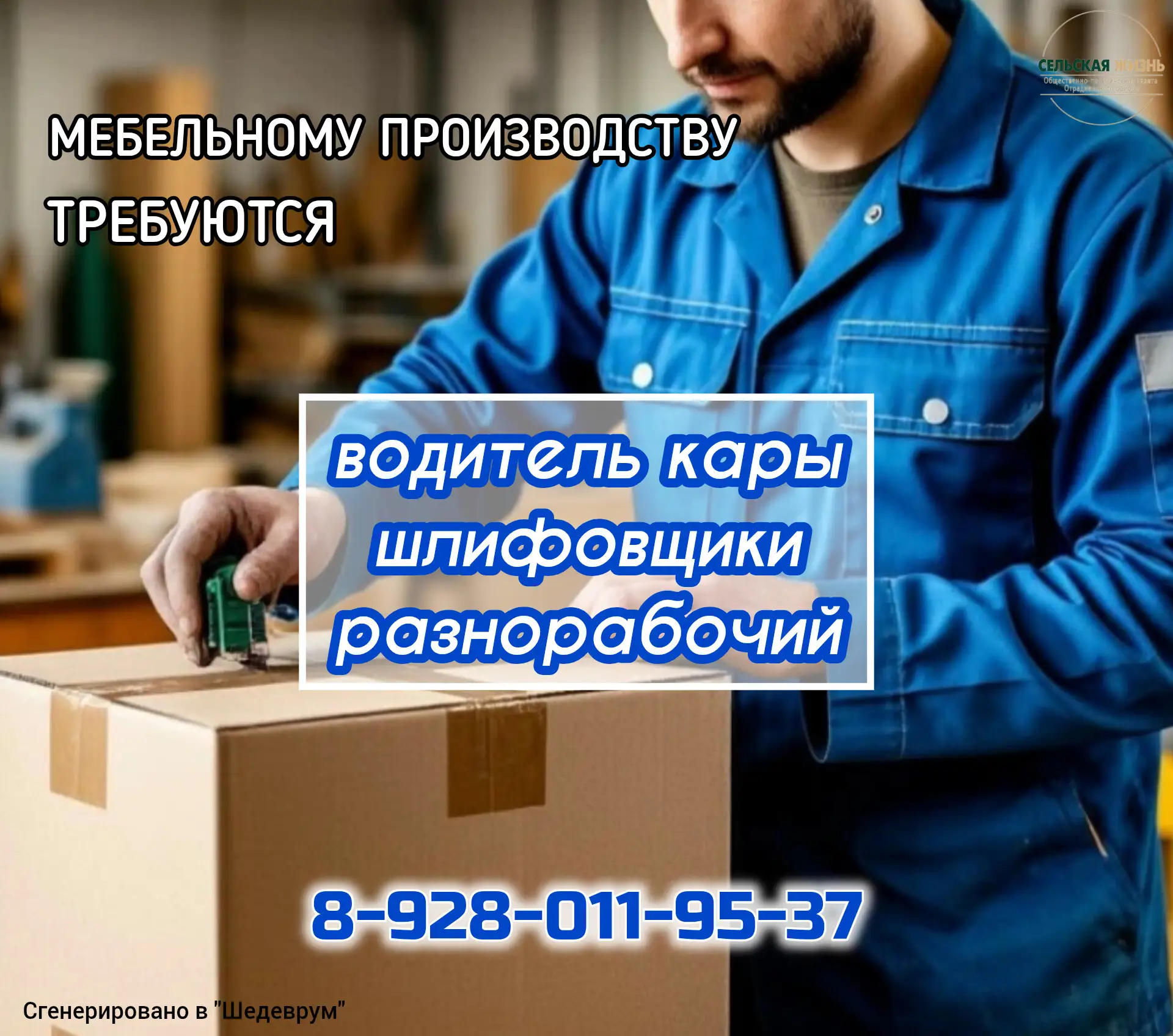 На мебельное производство требуются: 

📍водитель кары,
📍шлифовщики, 
📍разнорабочий.

☎️ 8-928-011