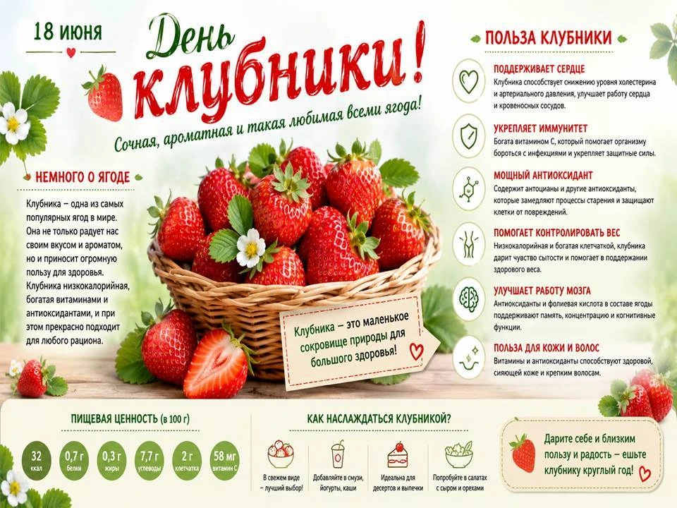 🍓18 июня - День клубники🍓. О пользе данной ягоды читайте в нашей инфографике