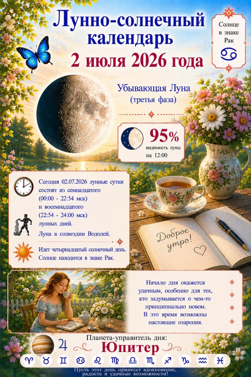 🌒 Лунно - Солнечный календарь на 2 июля 2026 года ☀️