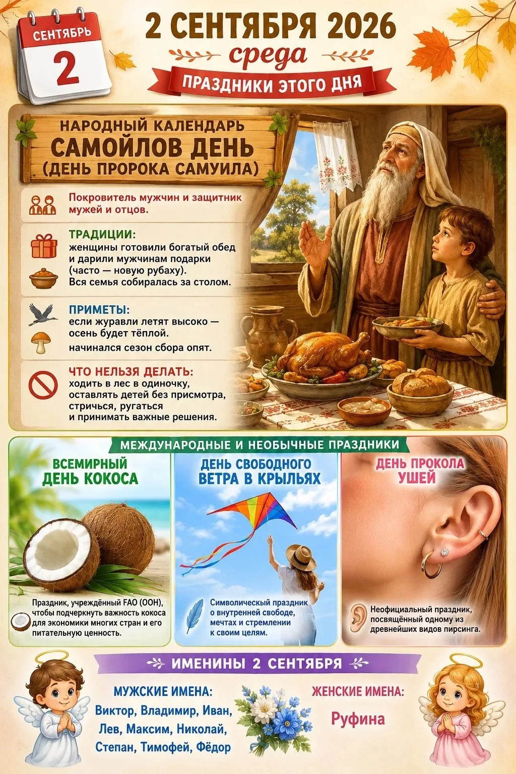 2 сентября 2026 года — это среда 📅. В этот день в России и мире отмечается несколько и...