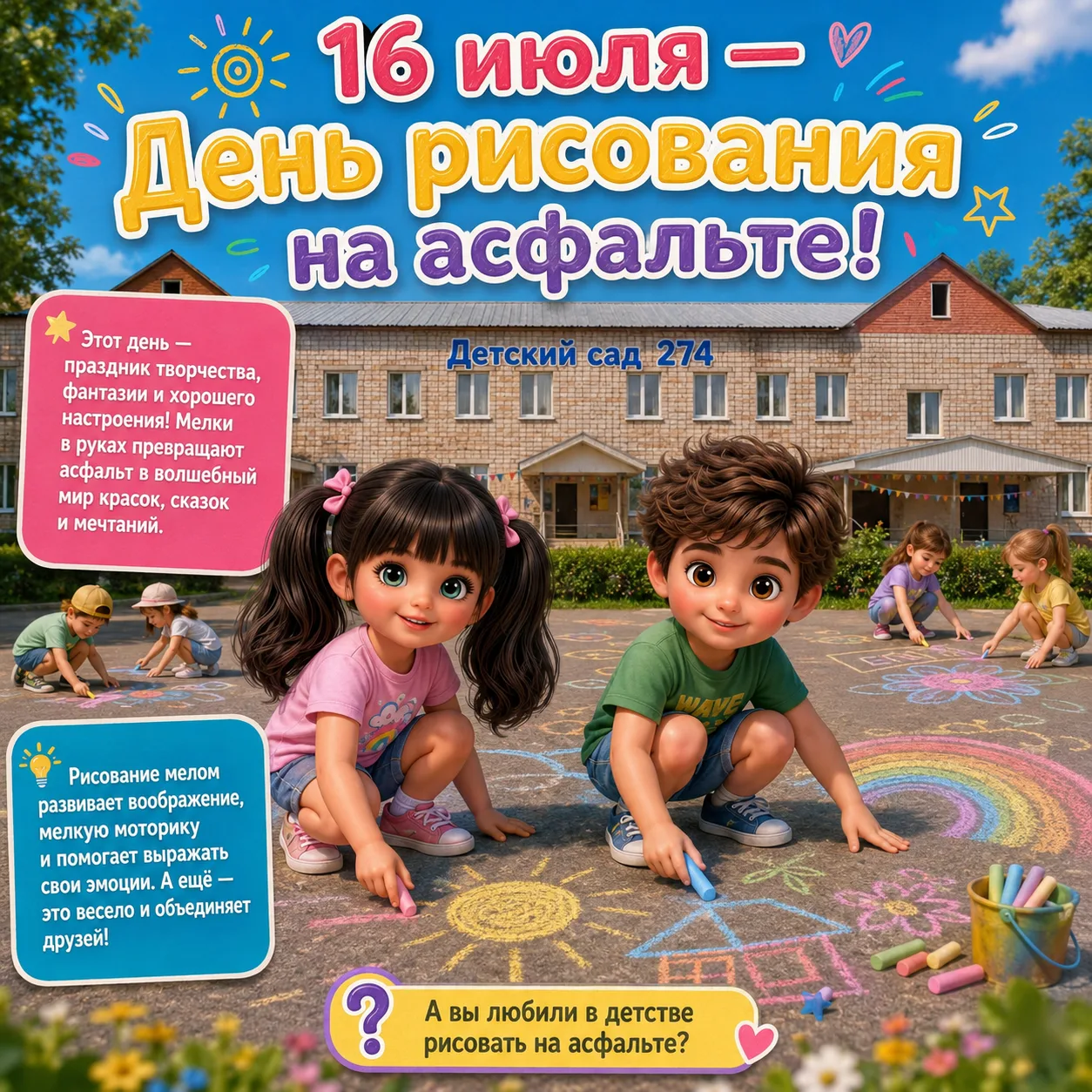 🎨 16 июля — День рисования на асфальте!
Сегодня отмечается один из самых ярких и добрых летних праз