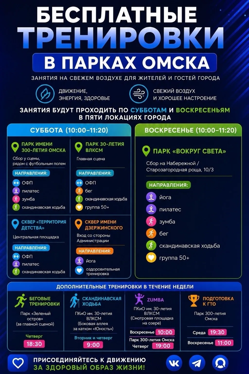 Лето ещё не кончилось! Успей присоединиться к бесплатным тренировкам в парках города 🏃...