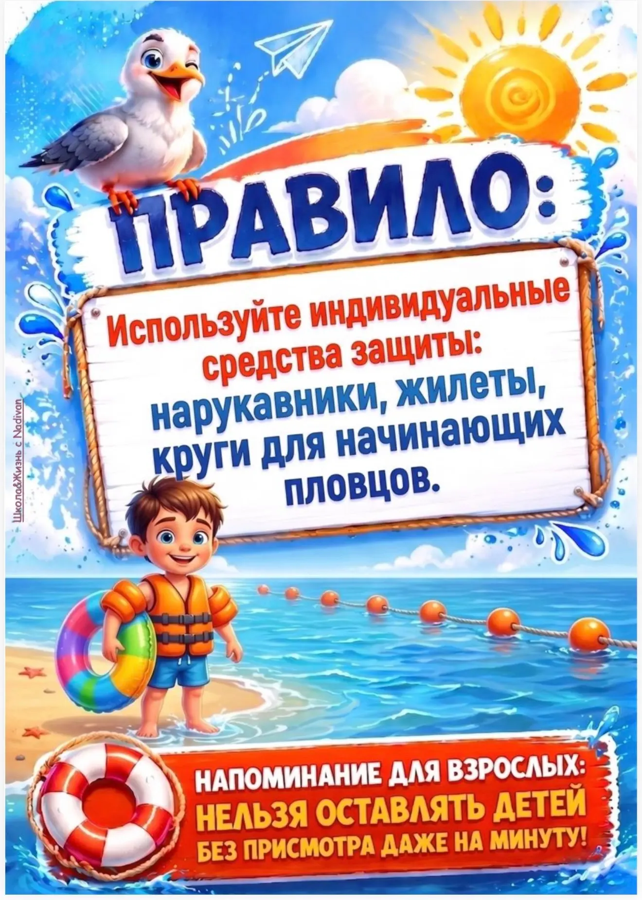 🌊 Помни о безопасности на воде! 🌊

✅ Купайся только под присмотром взрослых.
✅ Не заплывай за буйк