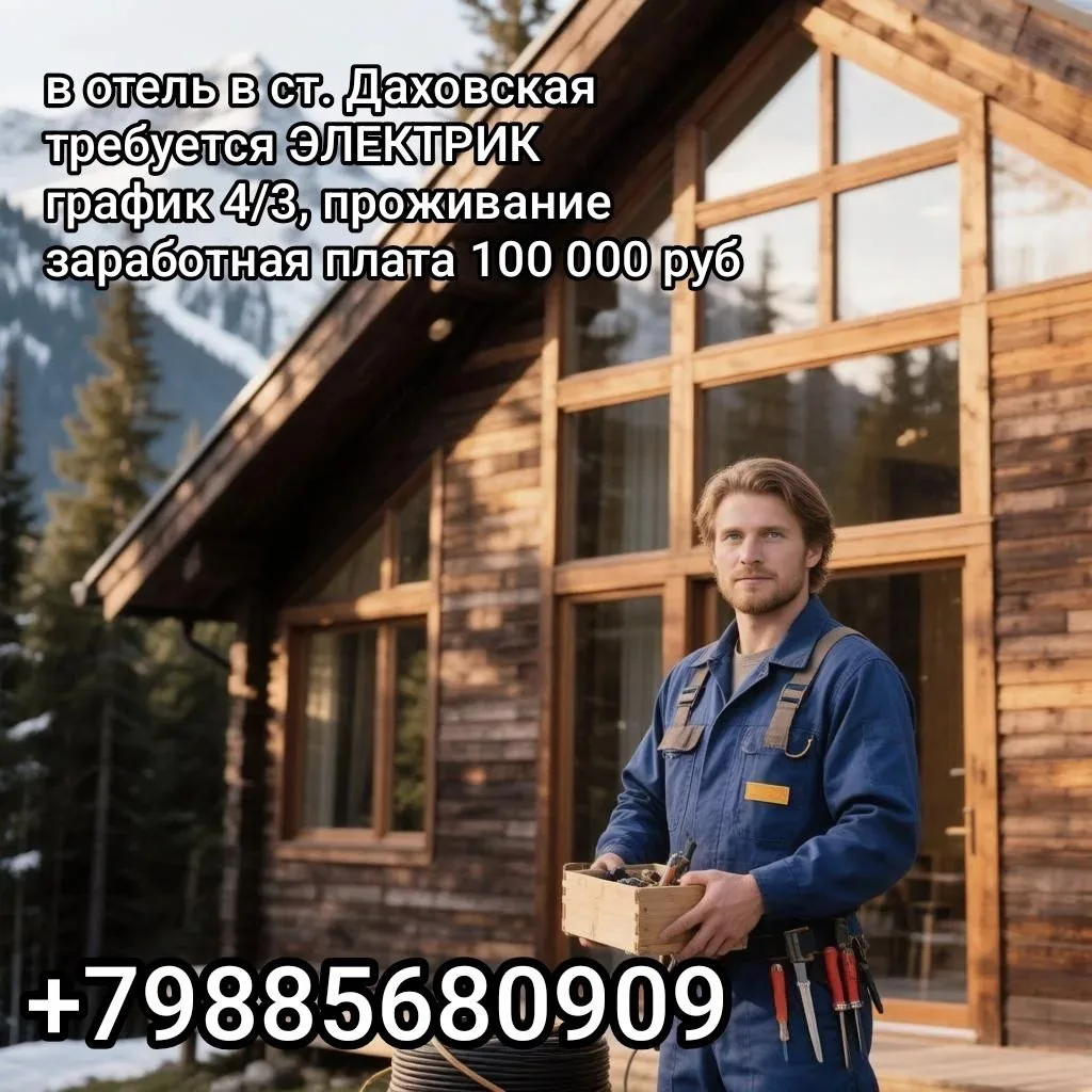В отель в ст. Даховская требуется электрик, график 4/3, возможно проживание, заработная...