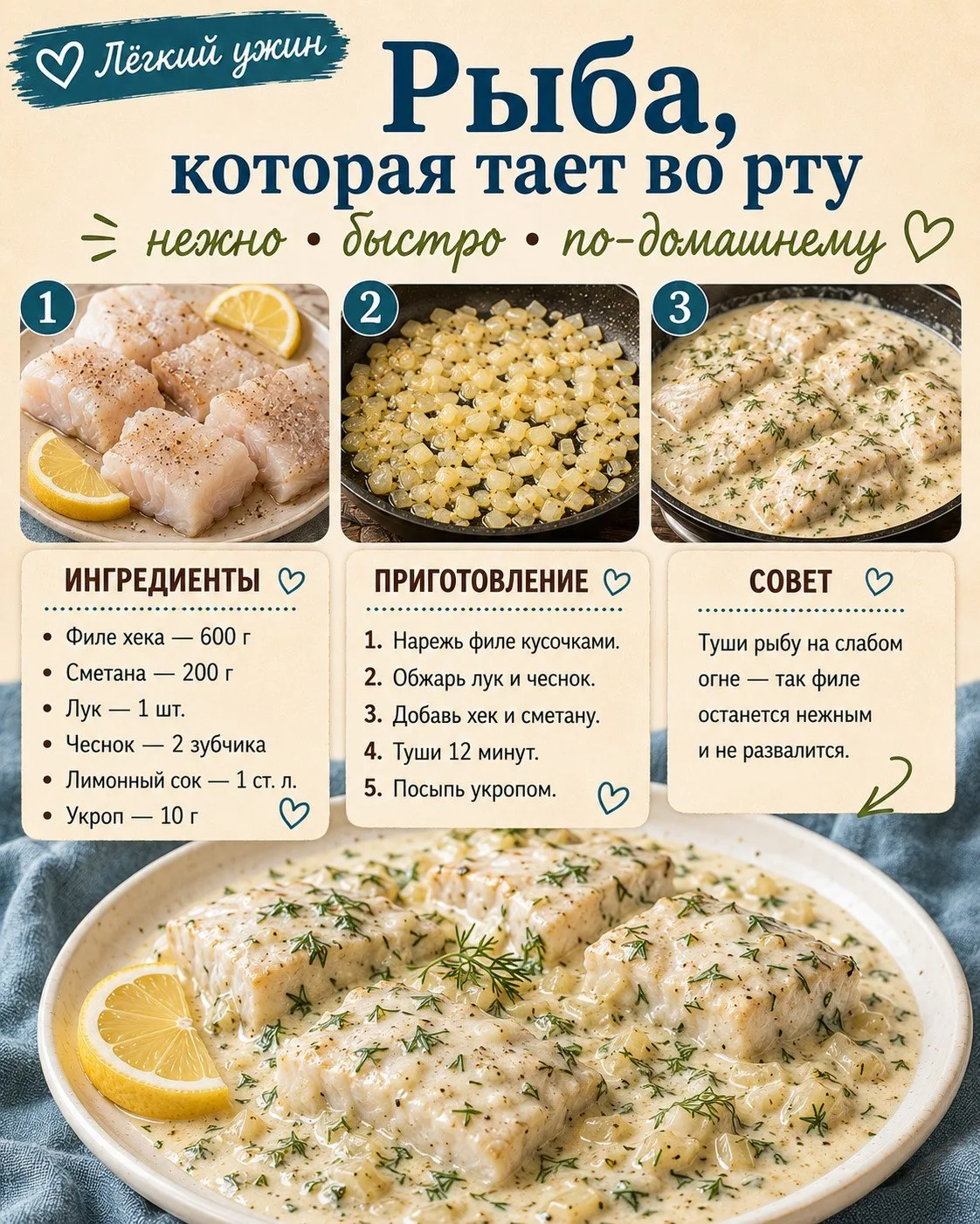 🐟 Филе хека в сметанном соусе — нежный ужин без лишних хлопот!