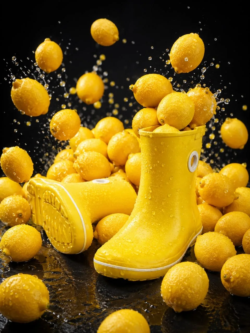 Use the uploaded image as the exact reference for the yellow rubber boots. Create a high-end adverti