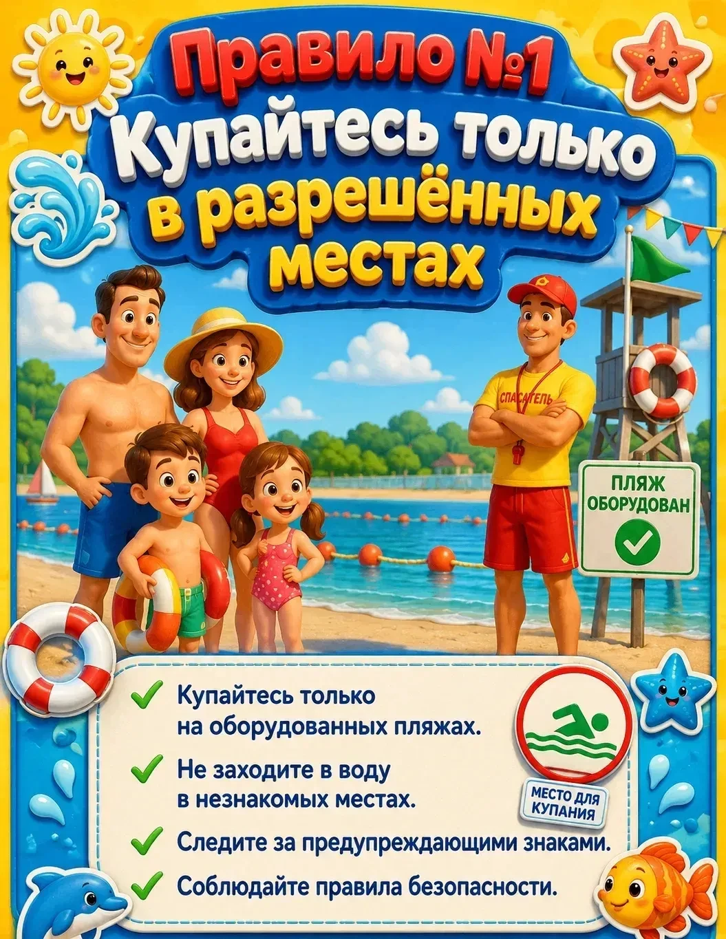 ☀️ Безопасность на воде: памятка для родителей. 
 
Лето в самом разгаре, а это значит, что водоемы —