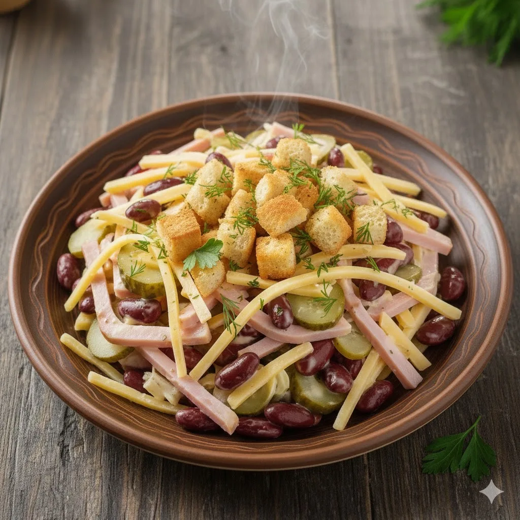 🥗Салат «Сытный край» с фасолью и ветчиной🥗 
⏱10 минут | 195 ккал(100 г)

🛒Что нужно: 
🥩Ветчина —