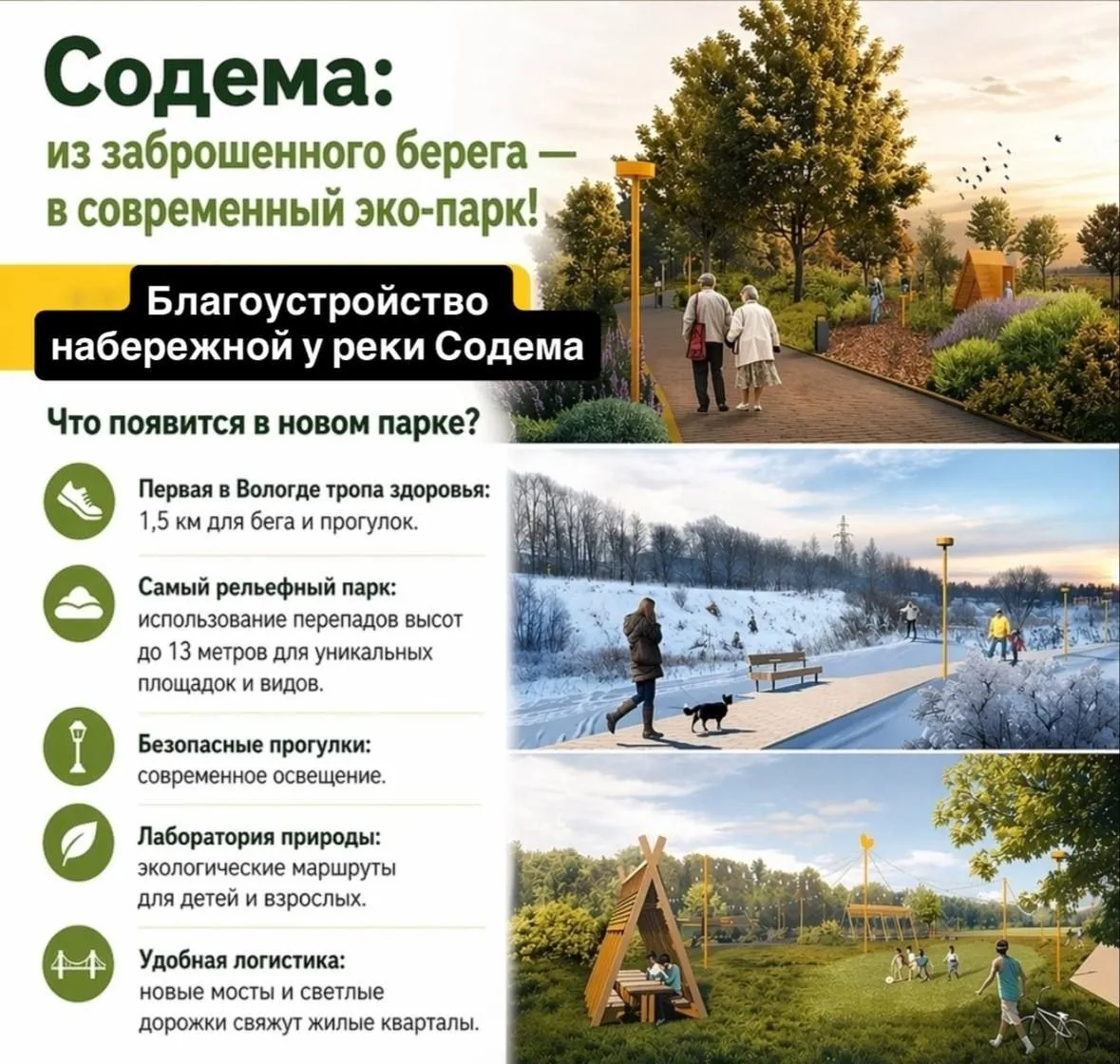 Новый парк может появиться в Вологде в 2027 году.  Речь идет о благоустройстве территории вдоль реки