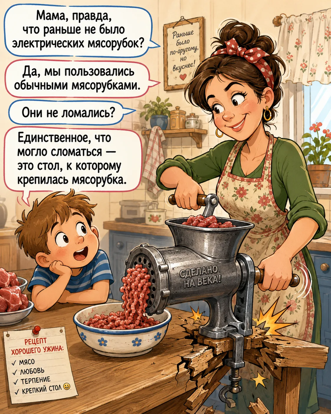 Мама, правда, что раньше не было электрических мясорубок?

Да, мы пользовались обычными мясорубками.